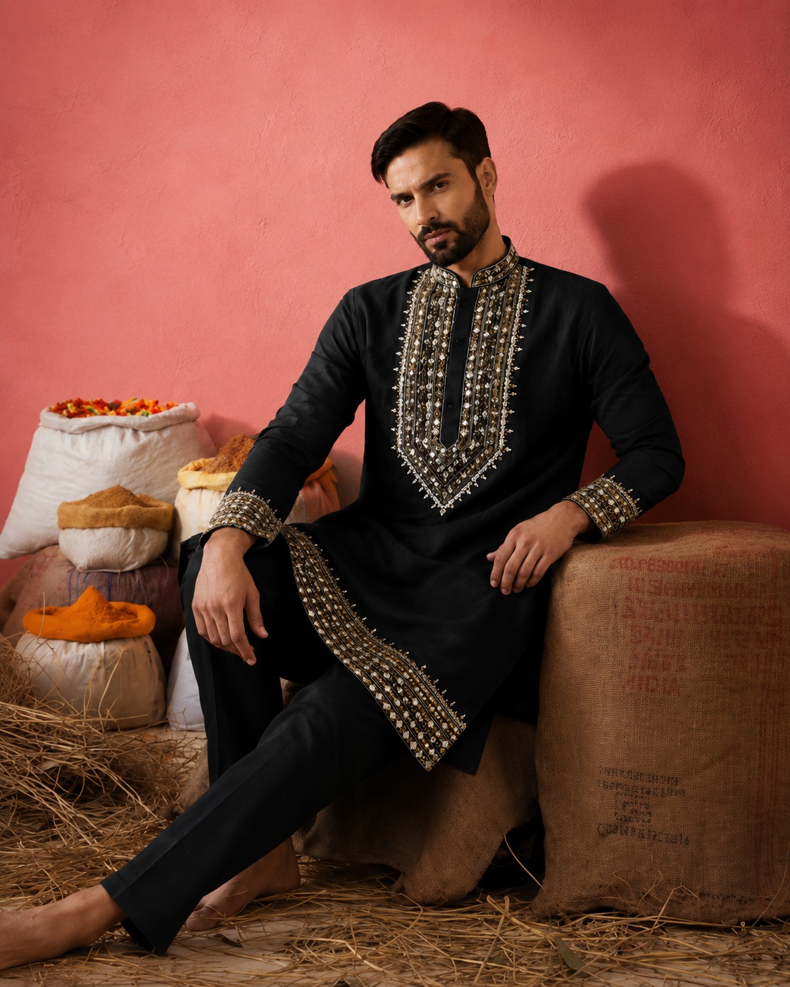 Black embroidered kurta pyjama set for men - Shrobh